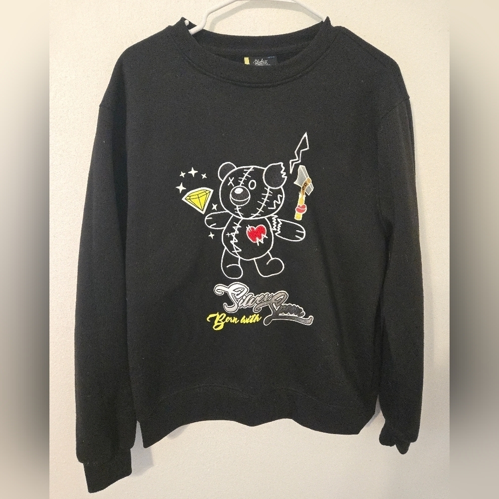 Bleeker & Mercer Bear Born With Silver Spoon Black Pullover Hoodie Mens Medium